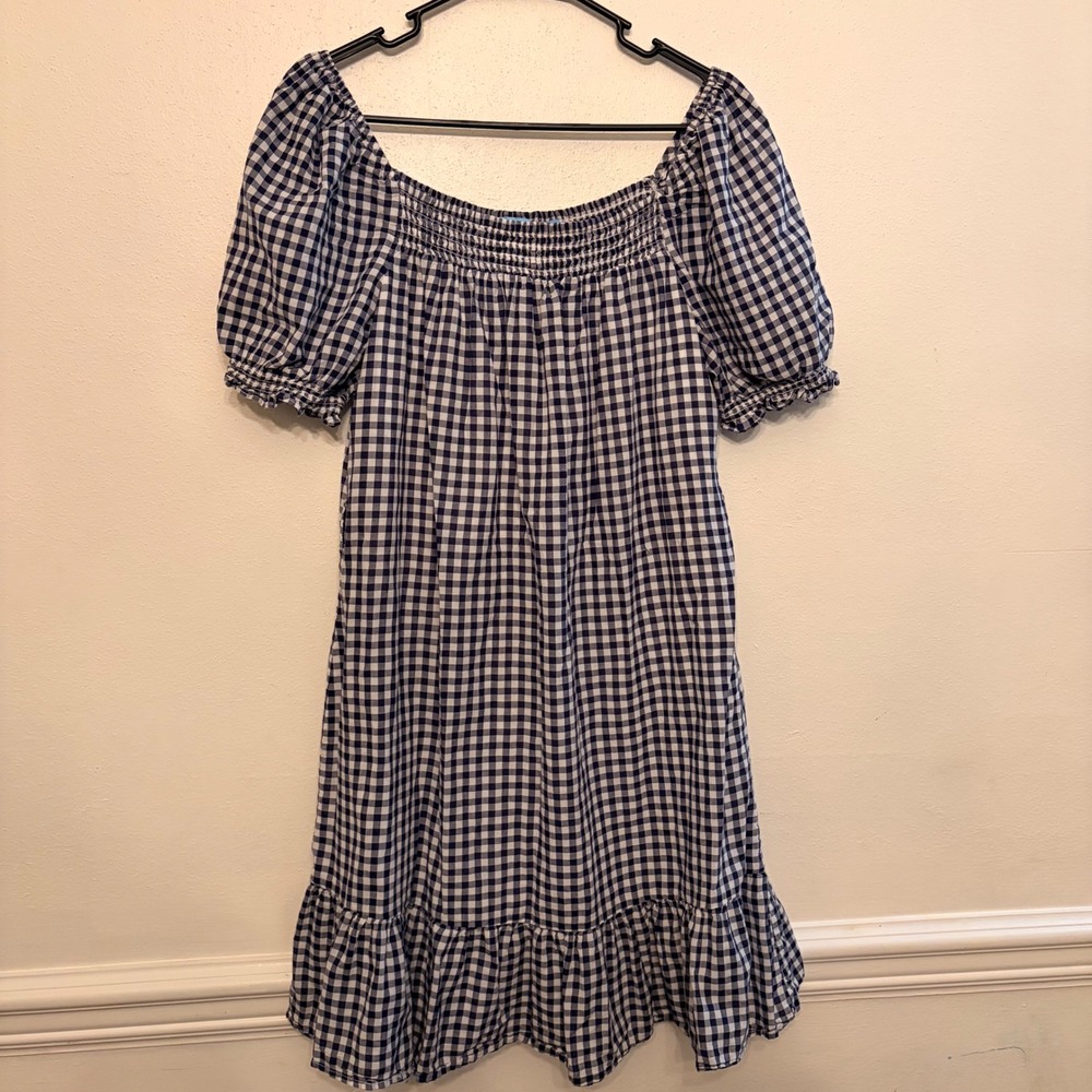 Draper James RSVP Gingham Dress Womens Large Navy Blue Smocked Puff Sleeve